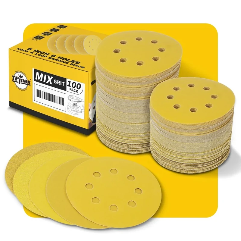 100PCS 125mm 8 Hole Sanding Discs Sandpaper Mixed Grits - Premium Gold Round Hook and Loop for Random Orbital Sander (60, 80, 120, 220, 320 Grit Variety Pack)