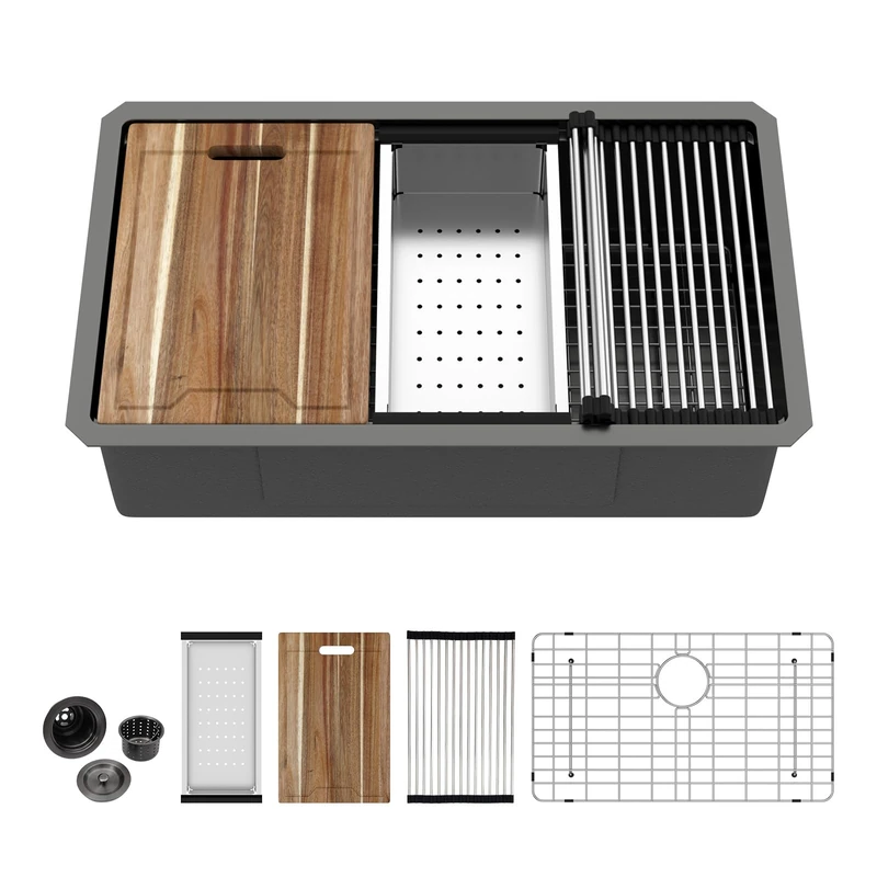 Kichae 28 Black Kitchen Sink Undermount Workstation - 28x18 Gunmetal Black Stainless Steel Undermount Kitchen Sink 16 Gauge Deep Single Bowl Kitchen Sink Basin Round Corner