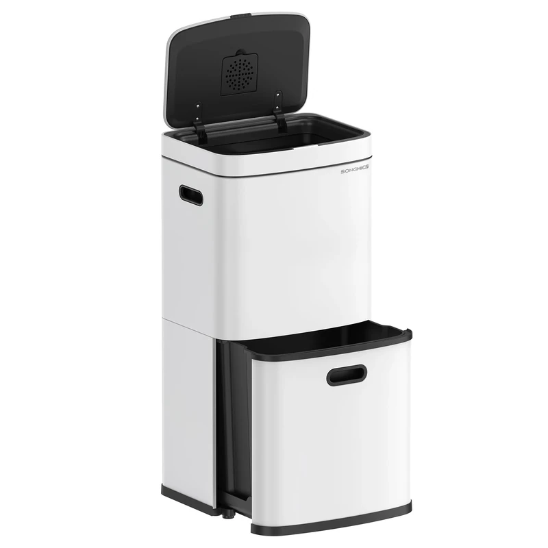 SONGMICS Kitchen Bin, 3-Compartment Rubbish Bin, 2 x 2.6 Gallons (10 L) and 7.9 Gallons (30 L), Steel, Space-Saving, Inner Buckets, Carbon Filter, 39.5 x 29.8 x 80.2 cm, Cloud White LTB551W02