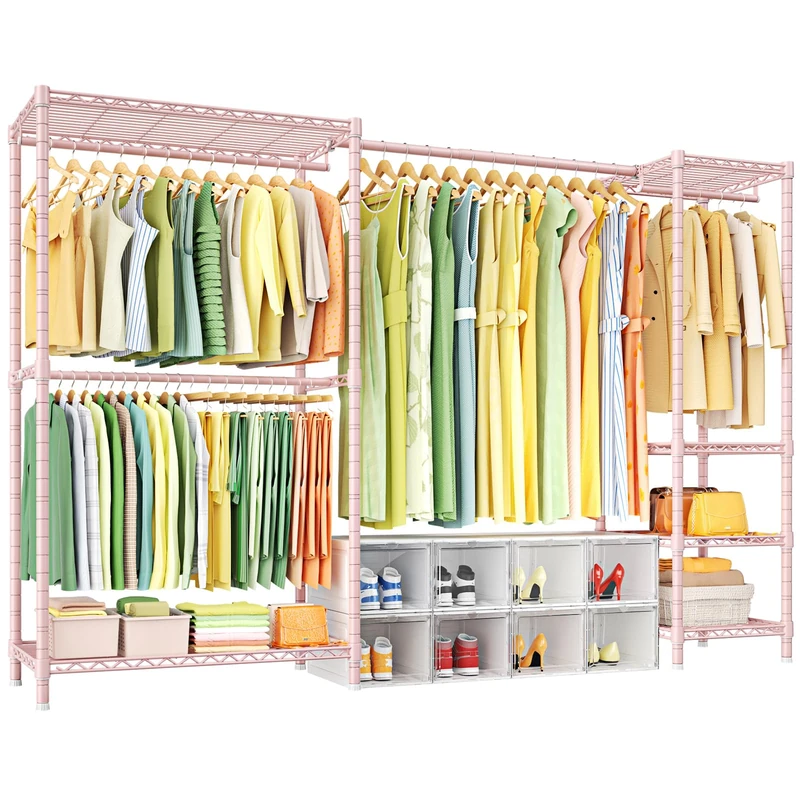 Ulif E10 Clothes Rack（With Stretchable Hanger Rod）Freestanding Clothing Racks for Hanging Clothes，Adjustable Closet Organizer System，Portable Garment Rack 73-97"W x 15" D x 72" H，Max Load 800LBS，Pink