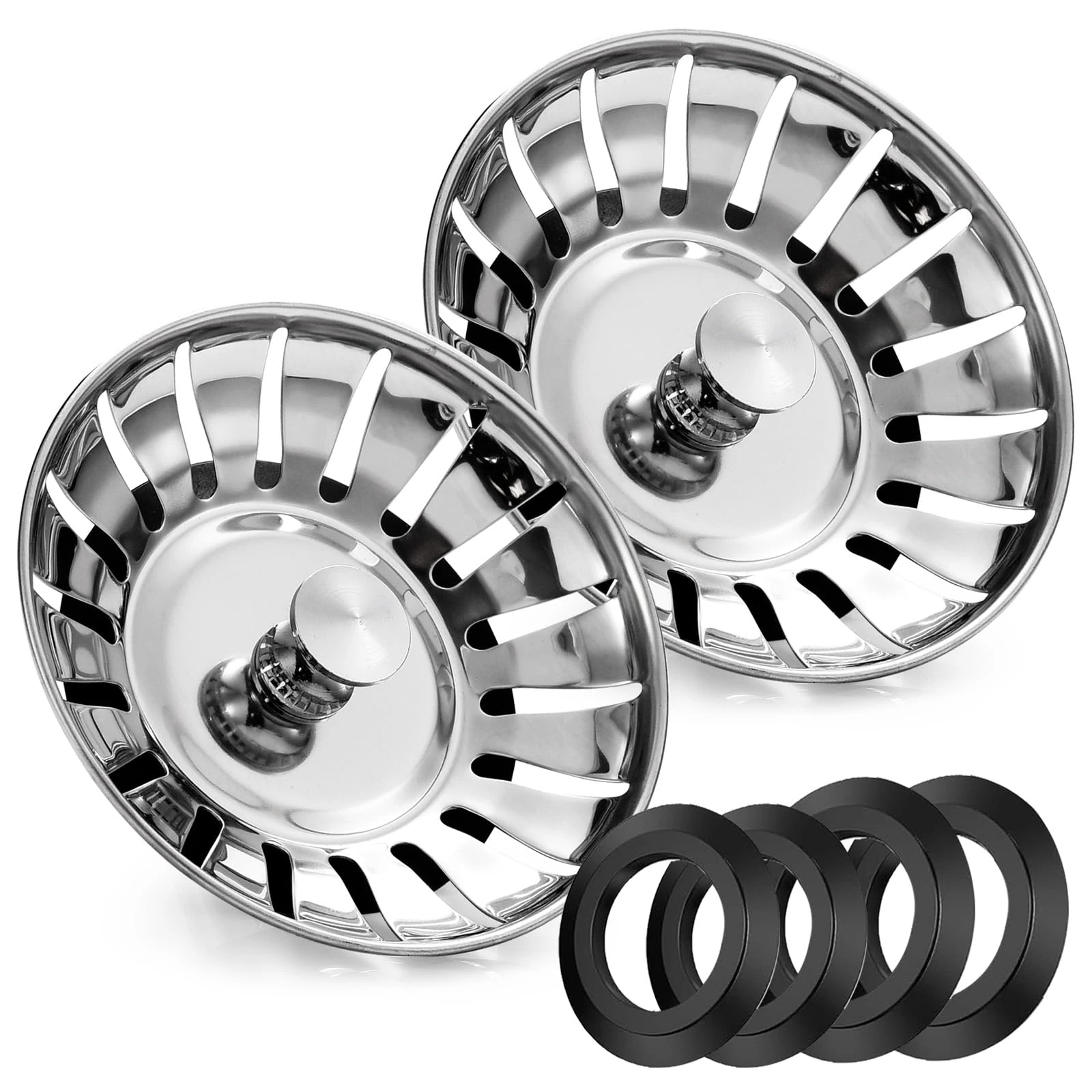 2 Pack Stainless Steel Kitchen Sink Bowl Strainer and Plug, 82mm Kitchen Sink Plug for Single Double Bowl Use, Kitchen Bathroom Food Hair Catcher Filter Stopper - Prevent Clogs, Bad Smells