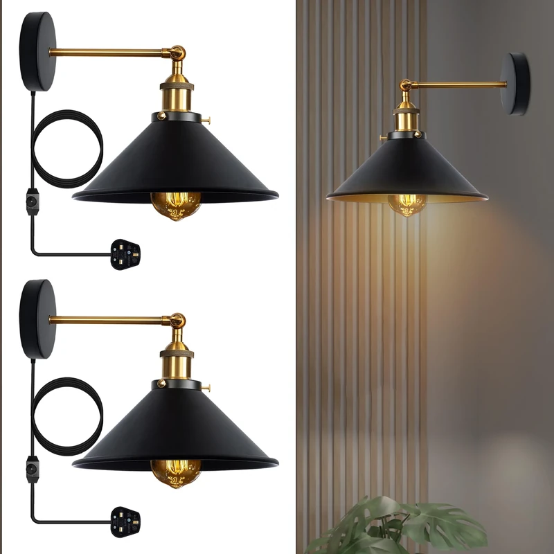 LEDSone Retro Plug in Wall Light Lamps with 2m Plug in Cable Cord and Dimmer Switch, Edison Metal Swing Adjustable E27 Wall Sconce, Vintage Industrial Indoor Reading Bedside Lamp (Black 2 Pack)