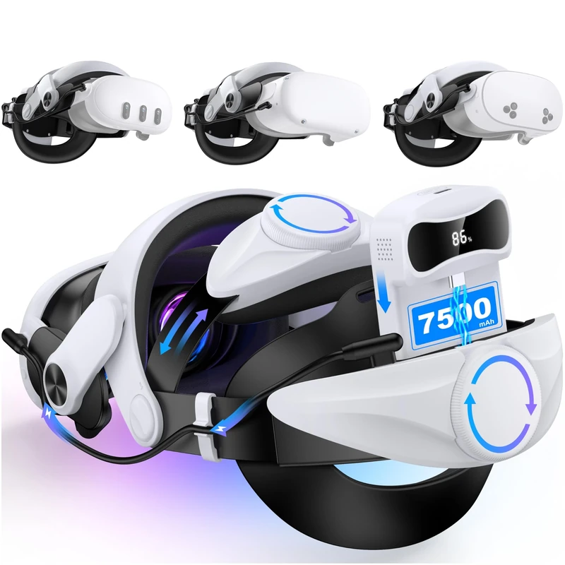 Comfortable Head Strap for Meta Quest 3S/3/2 with 7500mAh LED Display Battery Bank,VR Headset Elite Strap Replacement,All-Directional Adjustable Oculus Headstrap,Enhanced Support & Reduce Pressure