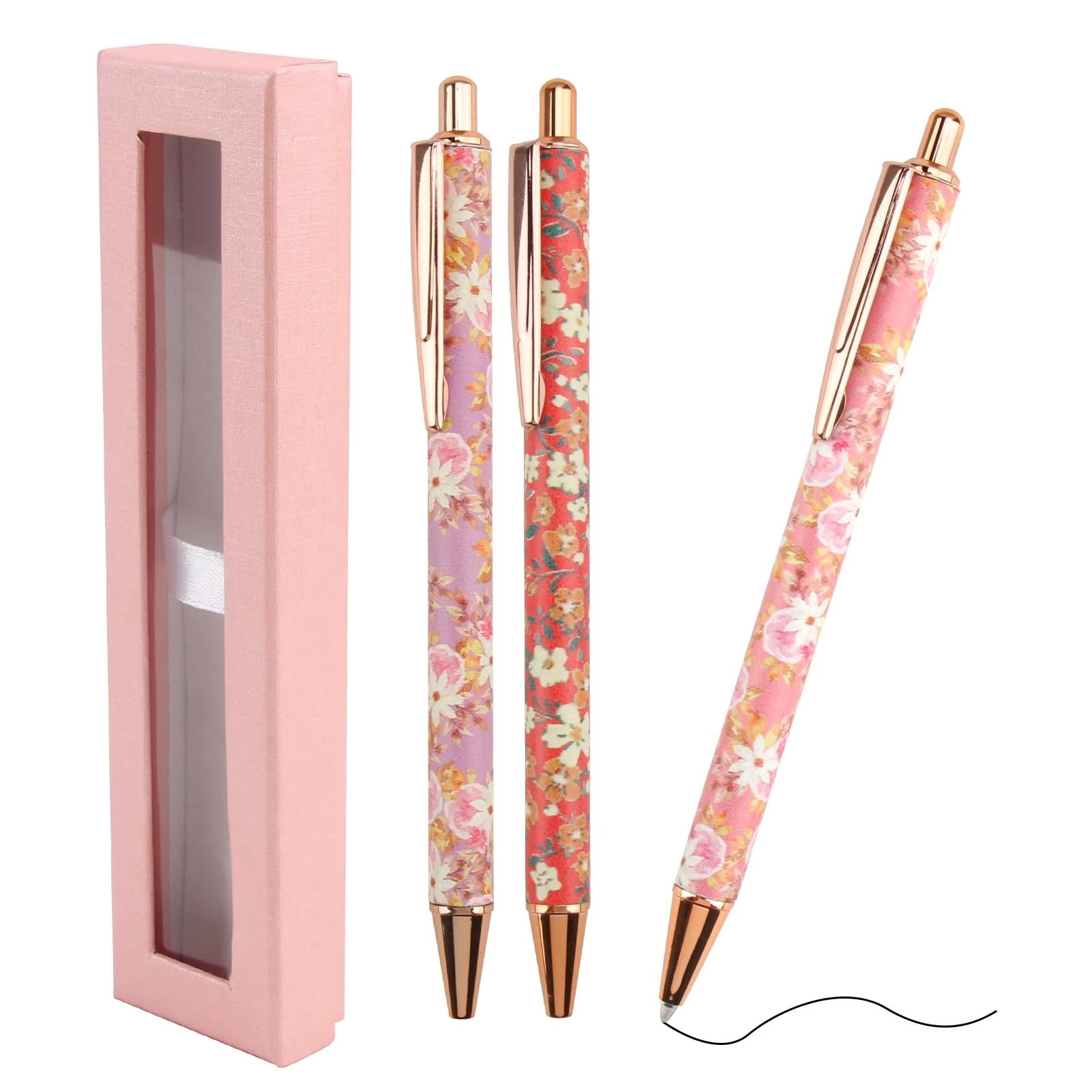 3 Pcs Floral Art Ballpoint Pens, Fancy Metal Flower Ballpoints Pens with Box, Retractable Pretty Ballpoint Pens for Men, Women, Teacher, School, Office, Birthday, Drawing, Back to School Season Gifts