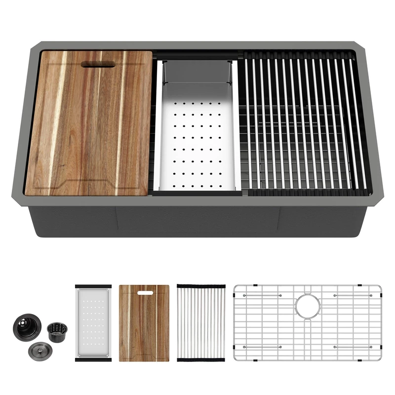 Kichae 32 Black Kitchen Sink Undermount Workstation - 32x19 Gunmetal Black Stainless Steel Undermount Kitchen Sink 16 Gauge Deep Single Bowl Kitchen Sink Basin Round Corner