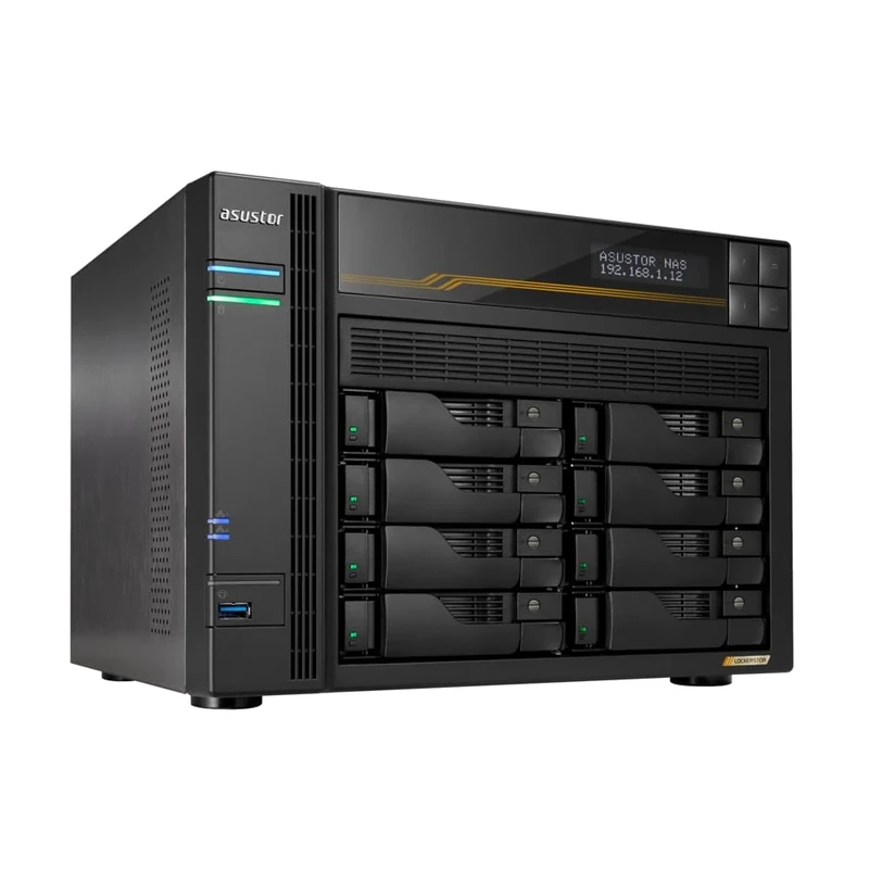 Asustor Lockerstor 8 Gen3 AS6808T 8 Bay NAS Network Storage, AMD Ryzen Quad-Core 2.3 GHz, 16GB RAM ECC DDR5, 4 M.2 NVMe Slots, Dual 5GbE & Dual 10GbE Port, USB4 Type-C, Network Attached Storage