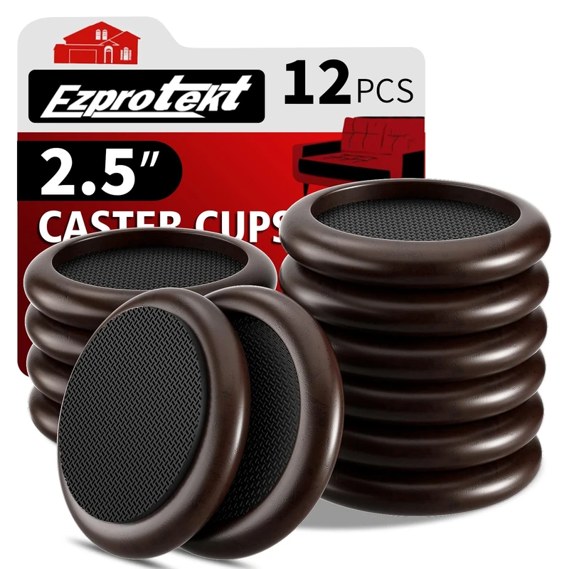 Ezprotekt Φ 63,5 mm Non Slip Wood Furniture Caster Cups, 12 PCS Furniture Pads for Hardwood Floors, 2.5” Sofas Beds Chairs Coasters with Anti-Slide Round EVA Pads -Dark Brown