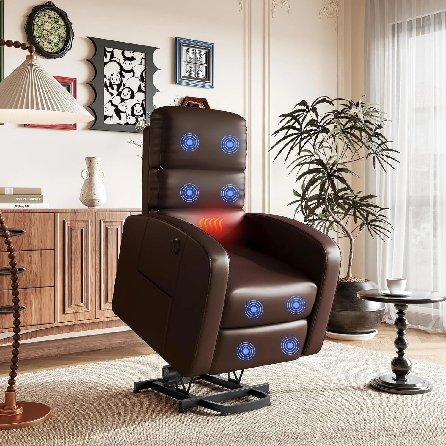FLEXISPOT Recliner Armchair Lift Chair with Massage & Heat, Extended Footrest, USB Ports, Dual Side Pockets Reclining Chairs Lounge Sofa Brown