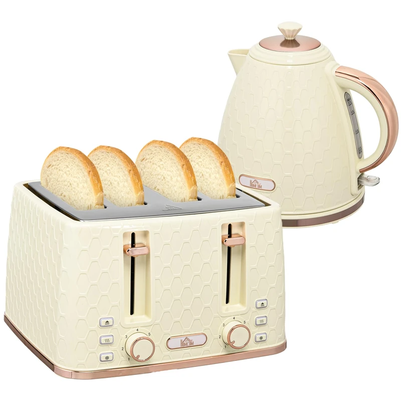 HOMCOM Kettle and Toaster Set, 1.7L 3000W Fast Boil Jug Kettle with Auto Shut Off, 4 Slice Toaster with 7 Level Browning Controls & Crumb Tray, UK Otter Thermostat, Beige