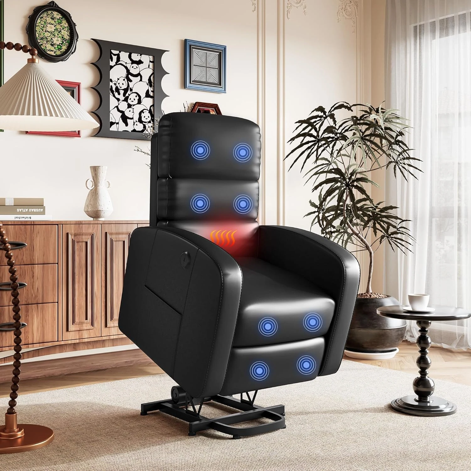 FLEXISPOT Recliner Armchair Lift Chair with Massage & Heat, Extended Footrest, USB Ports, Dual Side Pockets Reclining Chairs Lounge Sofa Black