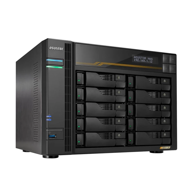 Asustor Lockerstor 10 Gen3 AS6810T 10 Bay NAS, AMD Ryzen Quad-Core 2.3 GHz, 16GB RAM ECC DDR5, 4 M.2 NVMe Slots, Dual 5GbE and Dual 10GbE Port, USB4 Type-C, Network Attached Storage (Diskless)