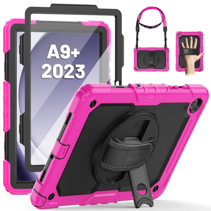 SEYMAC Case for Samsung Galaxy Tab A9 Plus 11 inch 2023, Shockproof Protective Tablet Case With Screen Protector/Hand Strap/Rotating Stand, SM-X210/SM-X216/SM-X218, Rose
