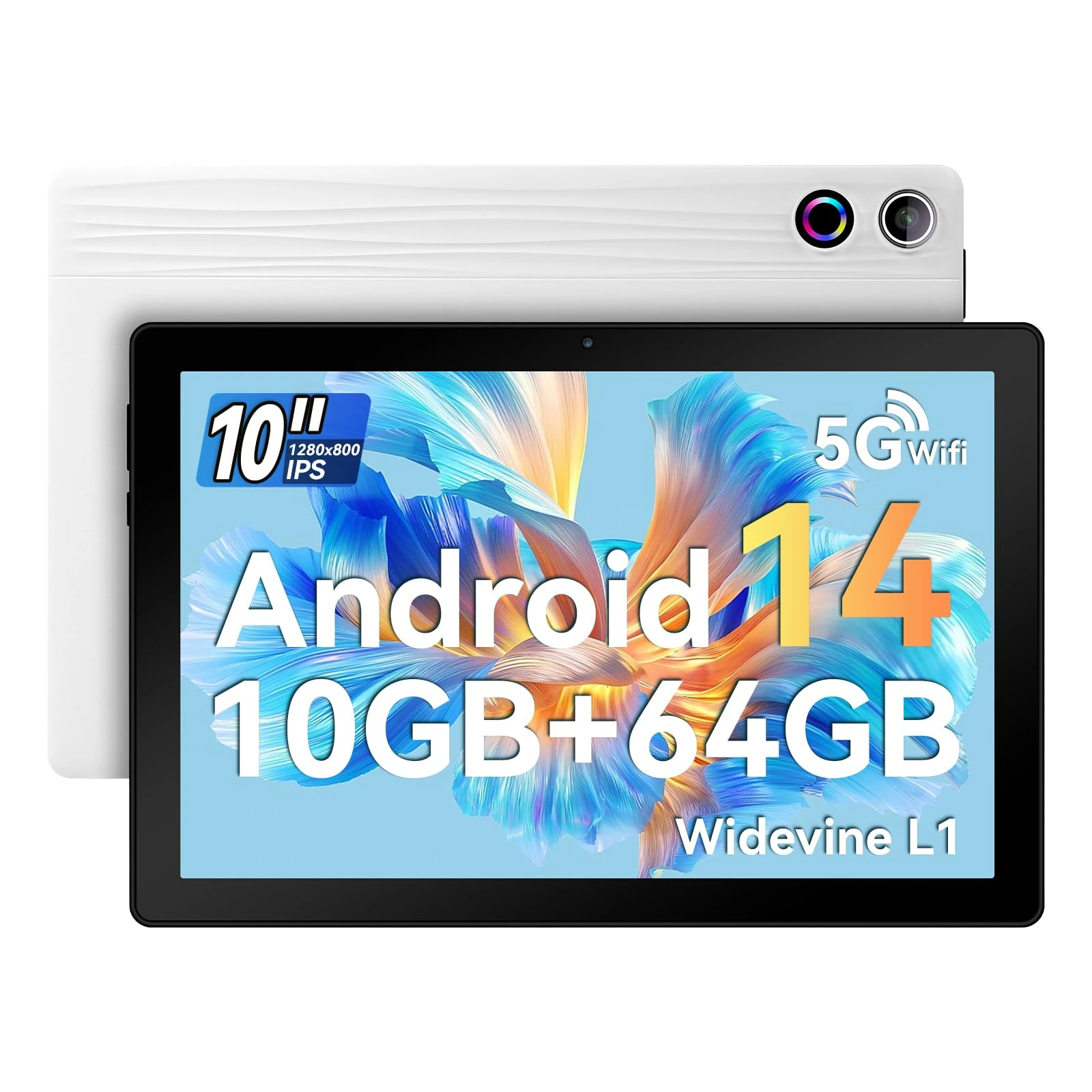 Ainmel 10 inch Tablet, Tablets Android 14 10GB RAM 64GB ROM,1TB TF Card Expand, 1280 * 800 Full HD Tablet with Octa-Core Processor, 5000mAh Battery, 8MP & 5MP Dual Camera Face ID (White)