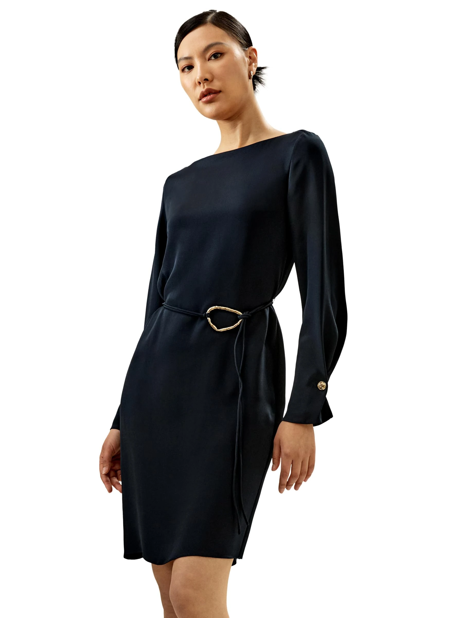 LilySilk Silk Boatneck Midi Dress with Belt 30MM Silk Crepe de Chine Overlapping Cuffs for Work Party(Midnight Blue,XS)