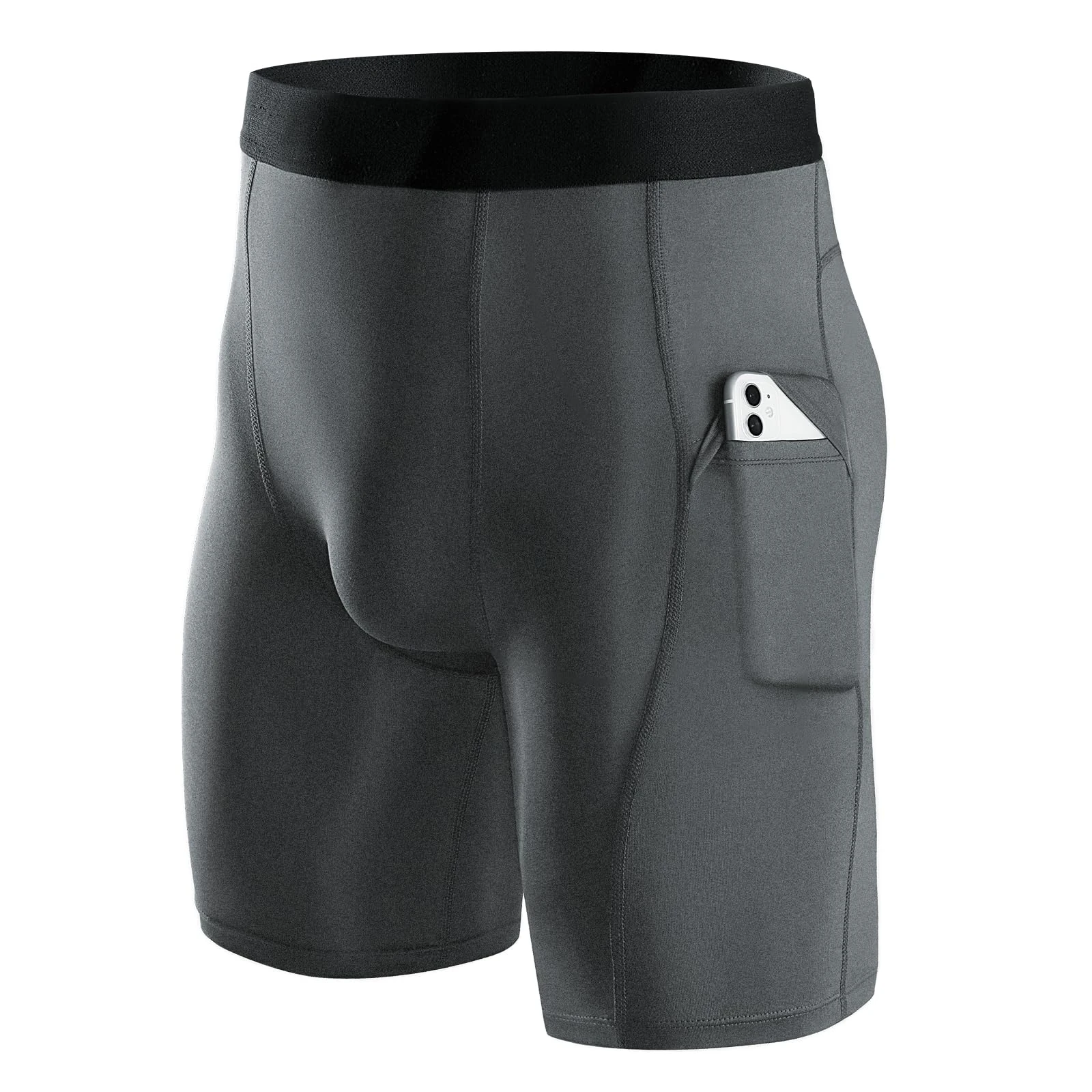 Niksa 1 Pack Mens Compression Shorts Running Base Layer Shorts Men's Workout Shorts with Cell Phone Pockets Tight Dry and Breathable Sports Shorts for Cycling Yoga Boxing Gym, Grey,XXL