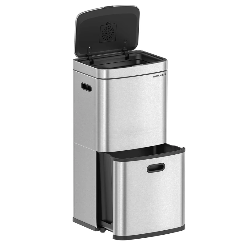 SONGMICS Kitchen Bin, 3-Compartment Rubbish Bin, 2 x 2.6 Gallons (10 L) and 7.9 Gallons (30 L), Steel, Space-Saving, Inner Buckets, Carbon Filter, 39.5 x 29.8 x 80.2 cm, Metallic Silver LTB551E50
