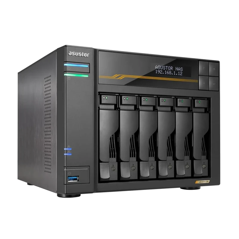 Asustor Lockerstor 6 Gen3 AS6806T 6 Bay NAS, AMD Ryzen Quad-Core 2.3 GHz, 16GB RAM ECC DDR5, 4 M.2 NVMe Slots, Dual 5GbE and Dual 10GbE Port, USB4 Type-C, Network Attached Storage (Diskless)