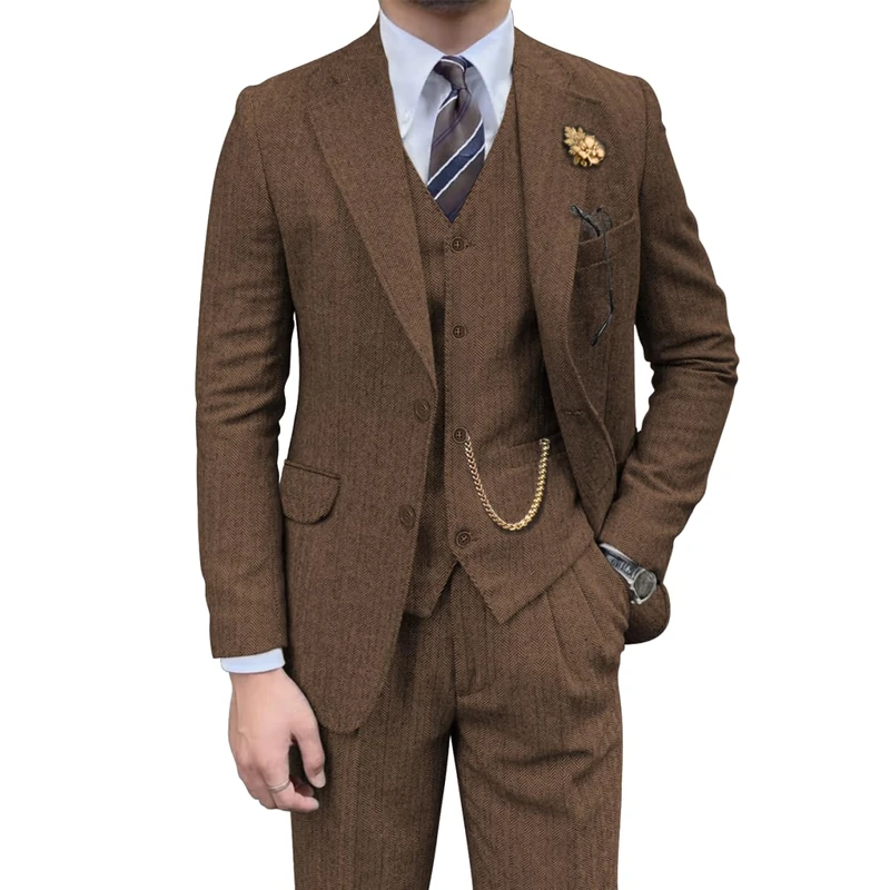 Retro Mens 3 Piece Suit Tweed Herringbone Slim Fit Suits Groomsmen Brown Tuxedos Set Prom Jacket Blazer Vest Pants for Men, Brown, L - Image 1