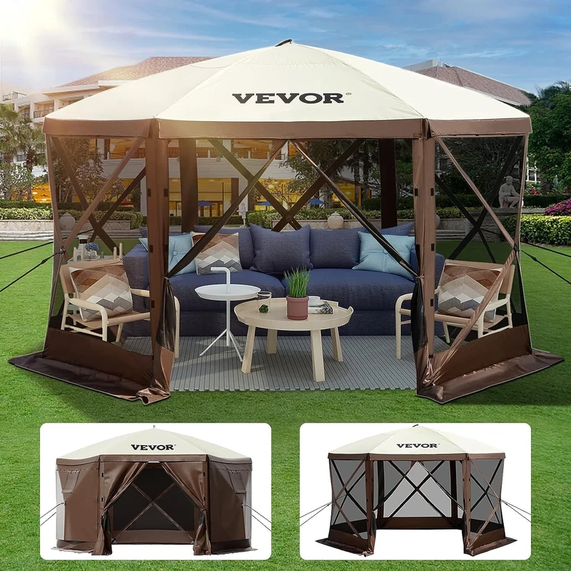 VEVOR Gazebo Screen Tent, 12 x 12 ft, 6 Sided Pop-up Camping Canopy Shelter Tent with Mesh Windows, Portable Carry Bag, Ground Stakes, Large Shade Tents for Outdoor Camping, Lawn and Backyard
