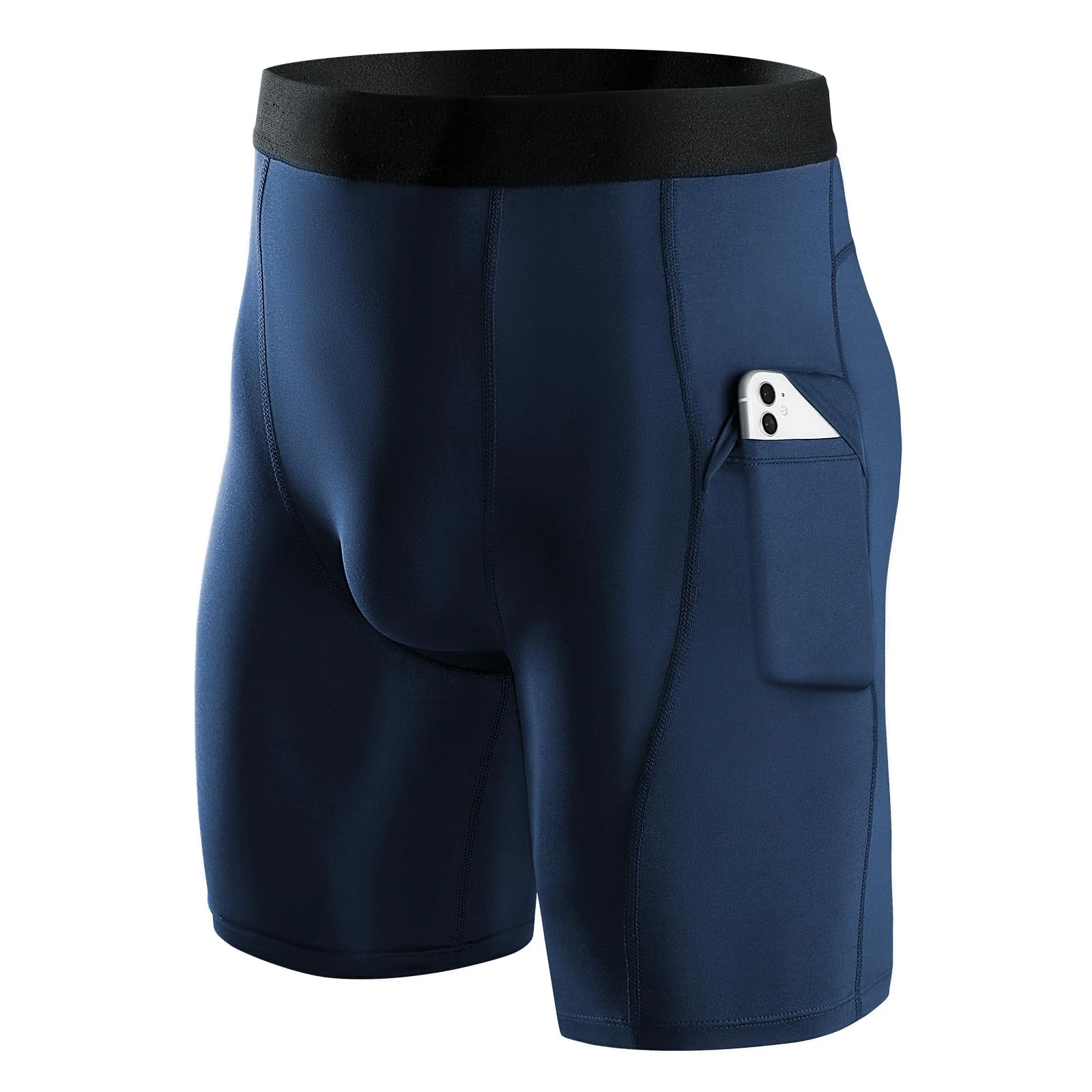 Niksa 1 Pack Mens Compression Shorts Running Base Layer Shorts Men's Workout Shorts with Cell Phone Pockets Tight Dry and Breathable Sports Shorts for Cycling Yoga Boxing Gym, Navy Blue,L
