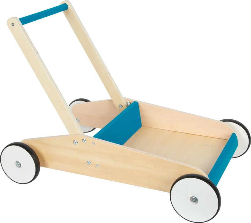 small foot Baby Walker Petrol Blue, Robust Wooden Push-Along Walker, Large Storage Surface, Ages 12+ Months, 12611