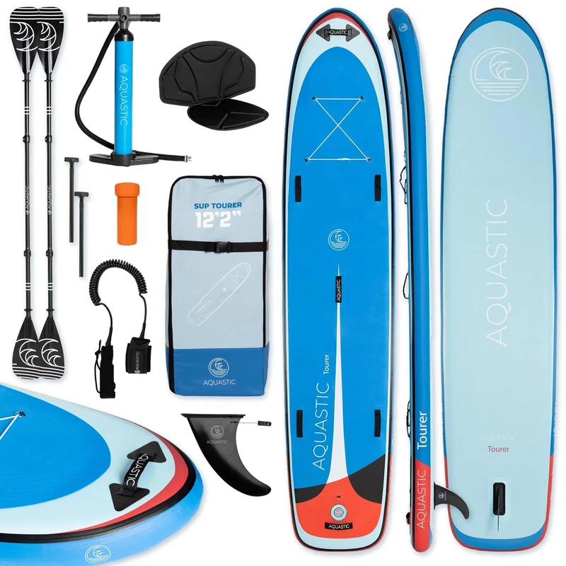 AQUASTIC Tourer 12'2" SUP Board Durable Eco Stand Up Paddle Board 374 cm with Pump and Two Paddles 2-in-1 Blue 2 Person Board for Swimming Trips Inflatable Dropstitch Technology MSL