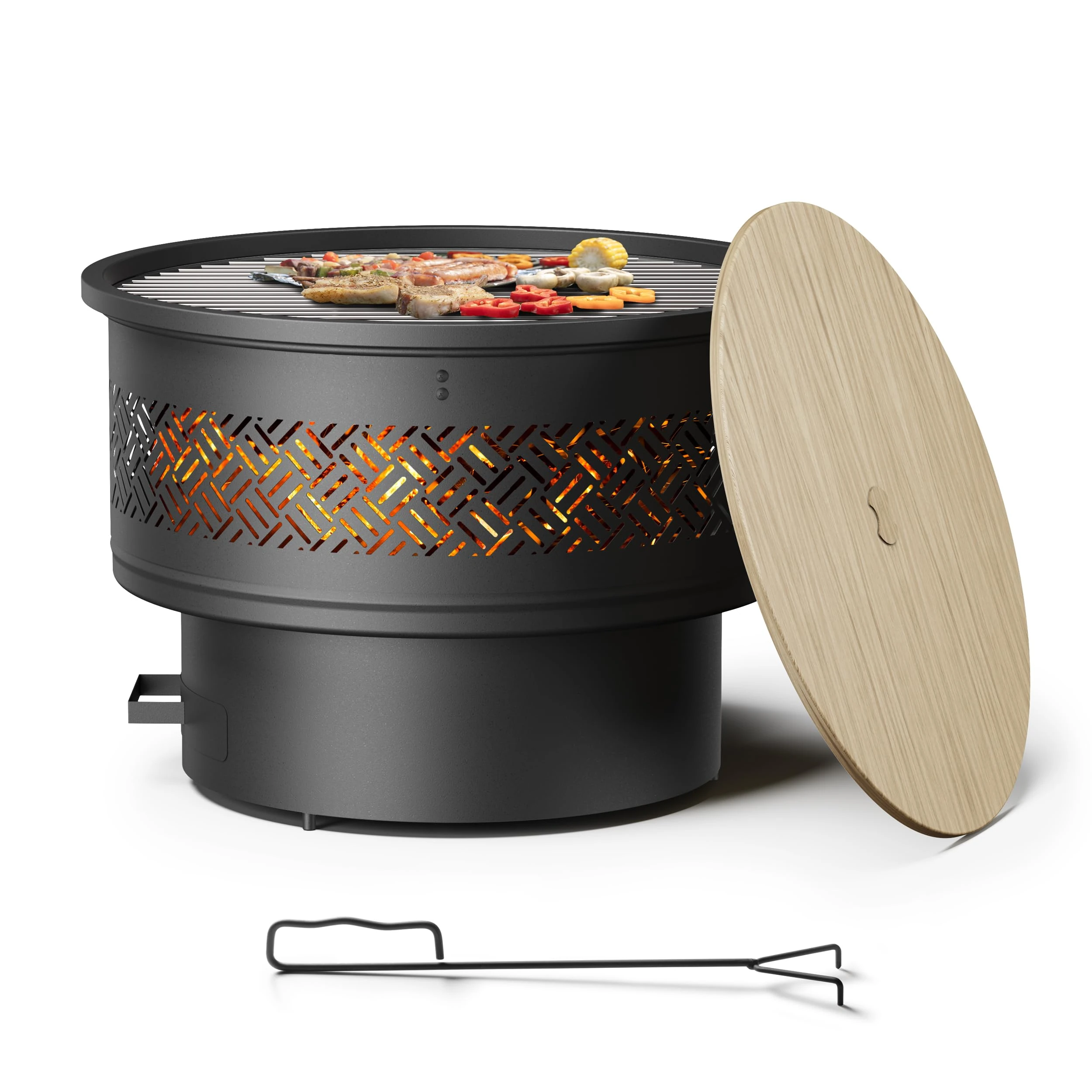 26 inch Fire Pit with Grill & Lid, Firepits for Outside Wood Burning Fire Pit Table with Fire Poker, Multifunctional Outdoor Fire pits for BBQ, Table, Bonfire, Camping, Backyard, Patio, Picnic