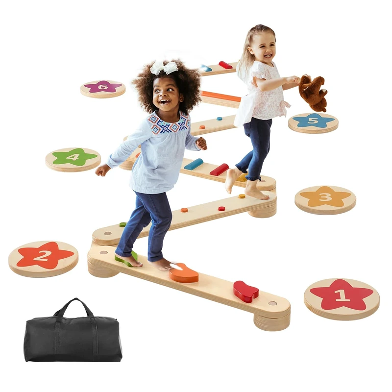 VEVOR Balance Beam Stepping Stones, 6 PCS Wooden Toddler Balance Boards, Montessori Toy for Kids 2-6, Build Coordination and Gross Motor Skills Gymnastics Obstacle Course Indoor Outdoor for Girls Boys