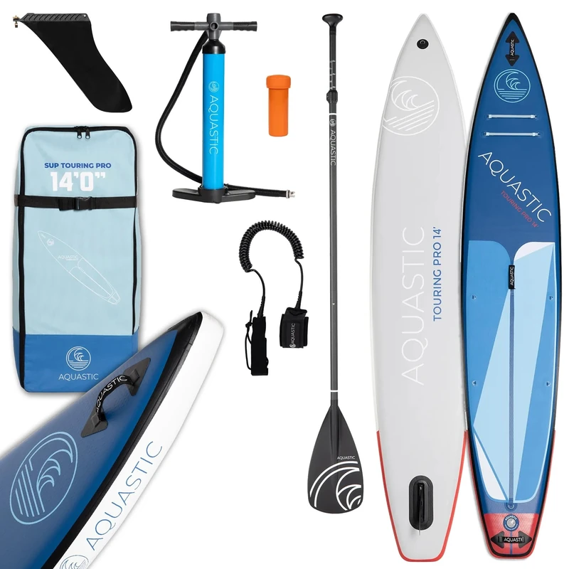 AQUASTIC Touring PRO 14'0" SUP Durable Eco Standup Paddle Board 426.7 cm with US Box Pump and Composite Paddle Blue Touring Board Inflatable Woven MSL Technology