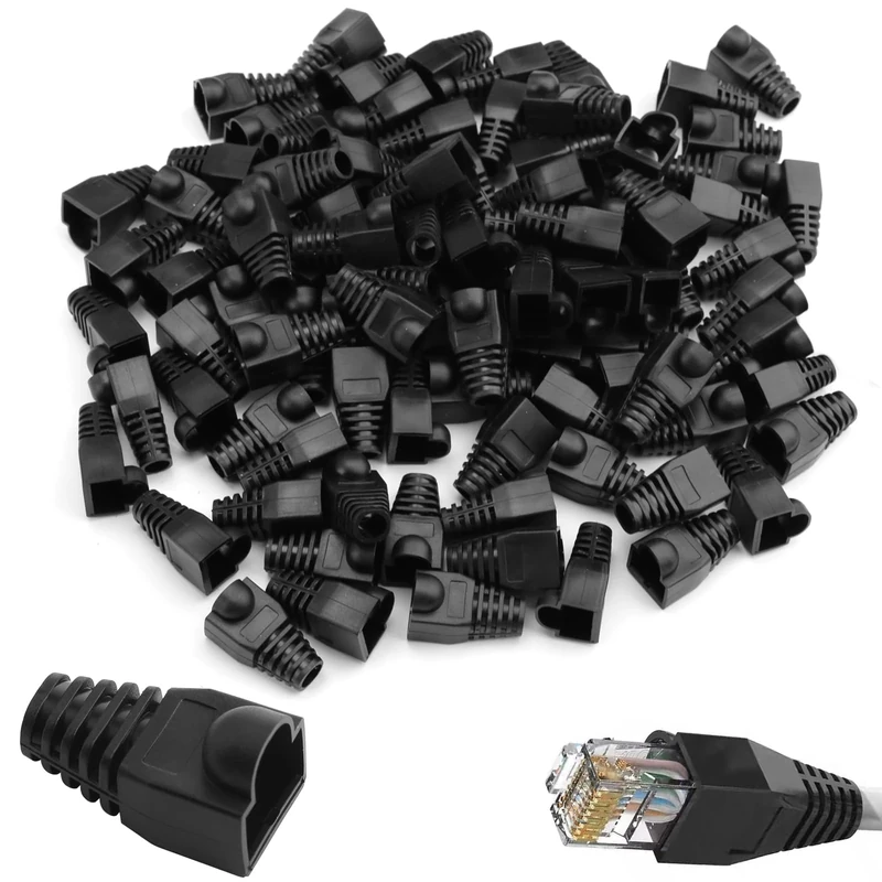 RJ 45 Cable Plug Protectors, 100 Pcs Ethernet Cable Connector Boots Cover Soft Plastic RJ45 Boots Network Wire LAN Strain Boots Plug Cover Strain Relief Boots for CAT5 CAT5E CAT6 CAT6E (Black)