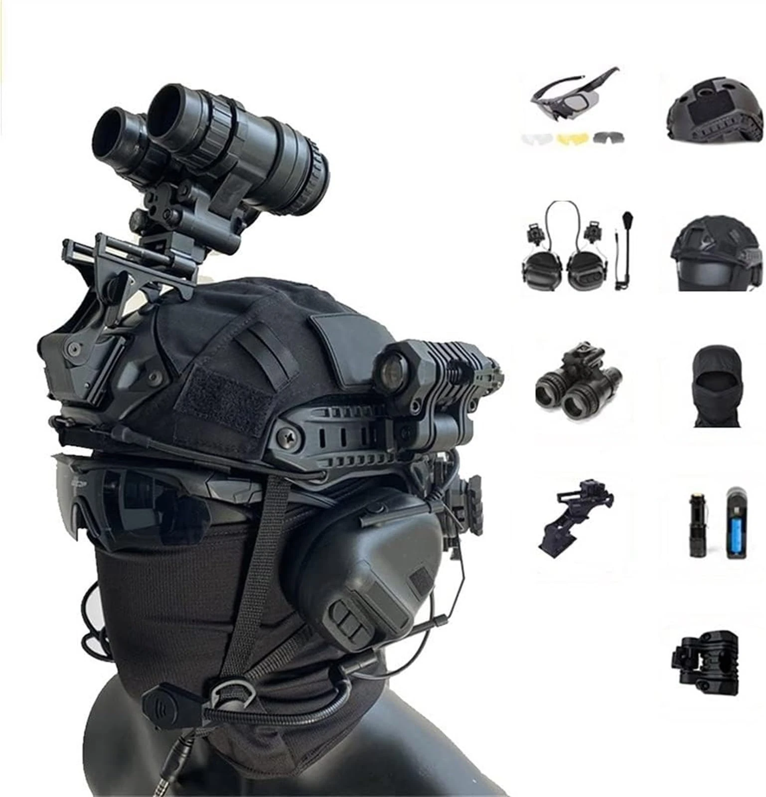 Fast Tactical Helmet Set, Adjustable PJ Type Helmet with Side Rails Tactical Gear for Outdoor Airsoft Paintball Cosplay CS Game Gear(Bk F)