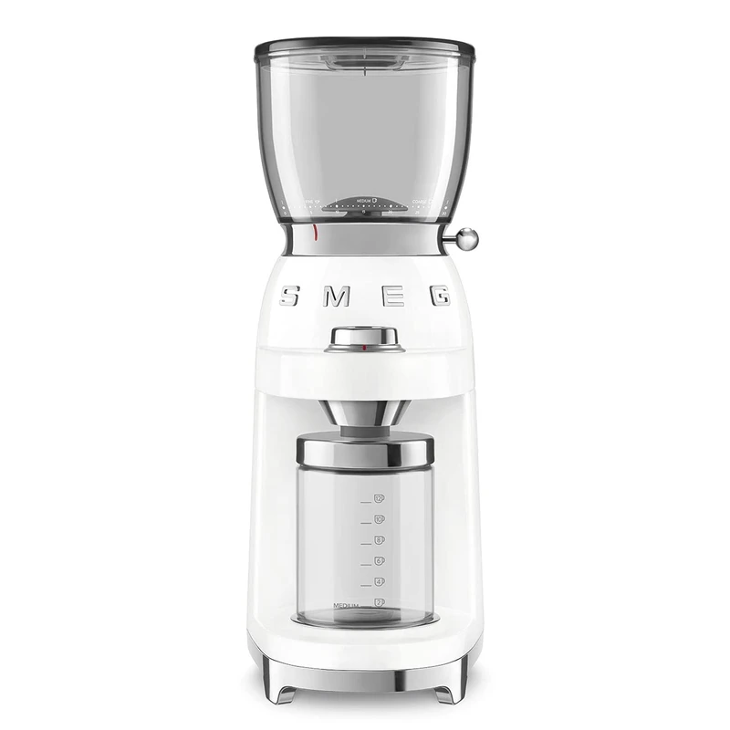 Smeg Coffee Grinder, Aluminium Construction, 50's Retro Style, 8 Programme Settings and 3 Grinding Grades, White CGF11WHUK