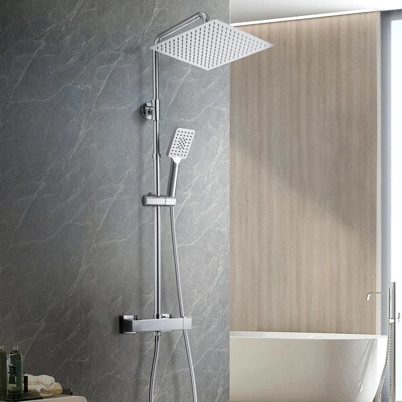 Görbach Thermostat Shower System with Mixer Tap Shower Fixture, Stainless Steel Shower Rod, Rain Shower Head XXL 30 x 30 cm, Chrome