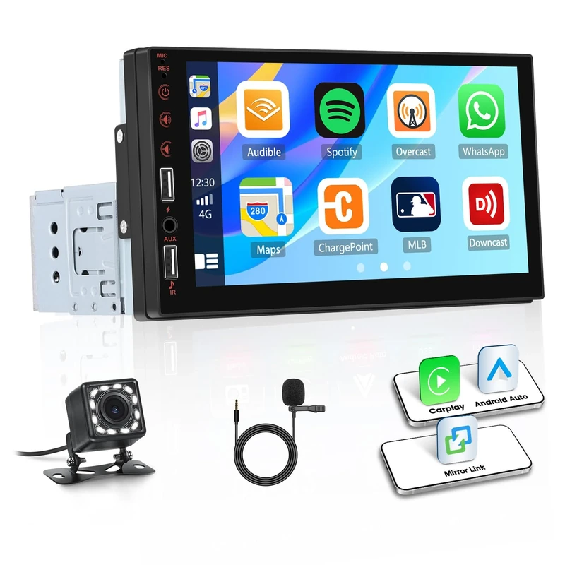 Single Din Car Radio with Wireless CarPlay Android Auto, 7” Touchscreen MP5 Player 1 Din Car Stereo with Bluetooth FM Radio Mirror Link EQ AUX USB Colourful backlight SWC + Remote + Reversing Camera