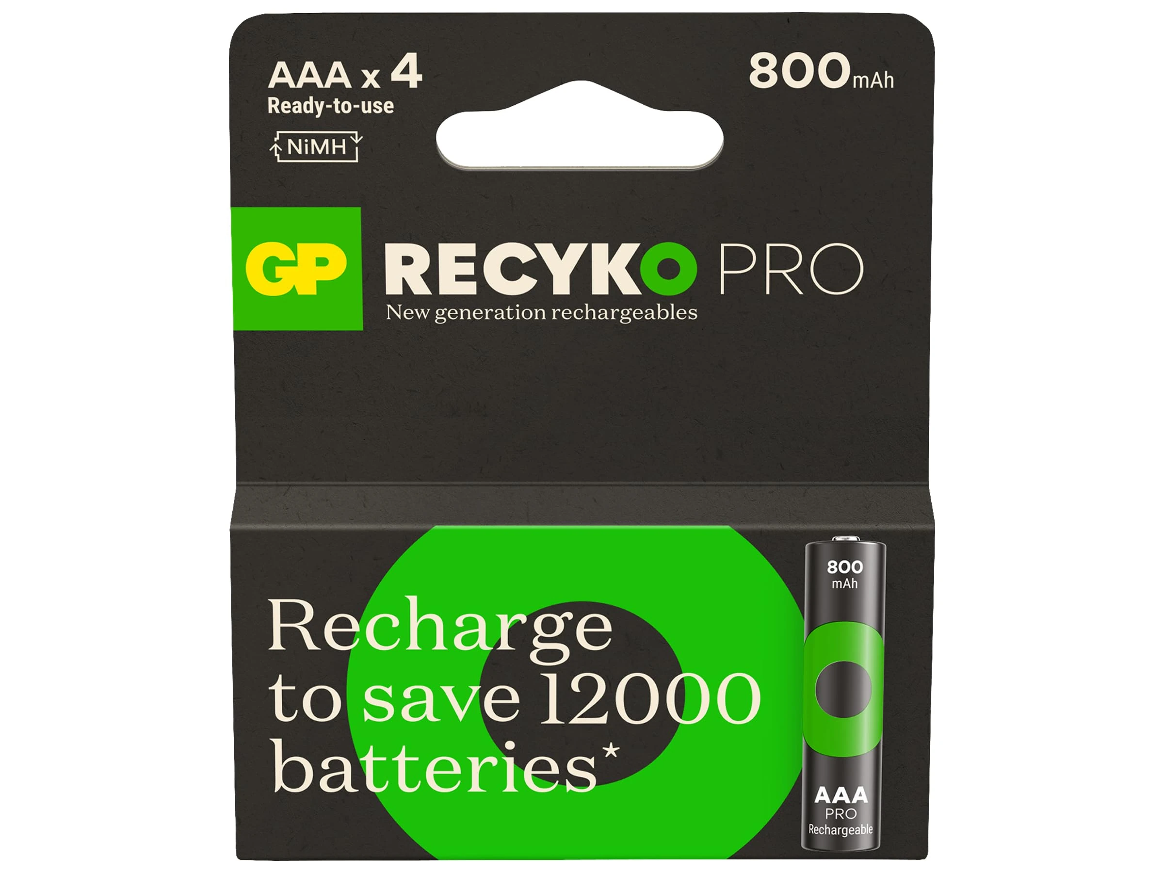 GP Batteries Recyko Pro AAA Slim Ni-Mh Rechargeable Battery, 1.2 Volt, Card of 4