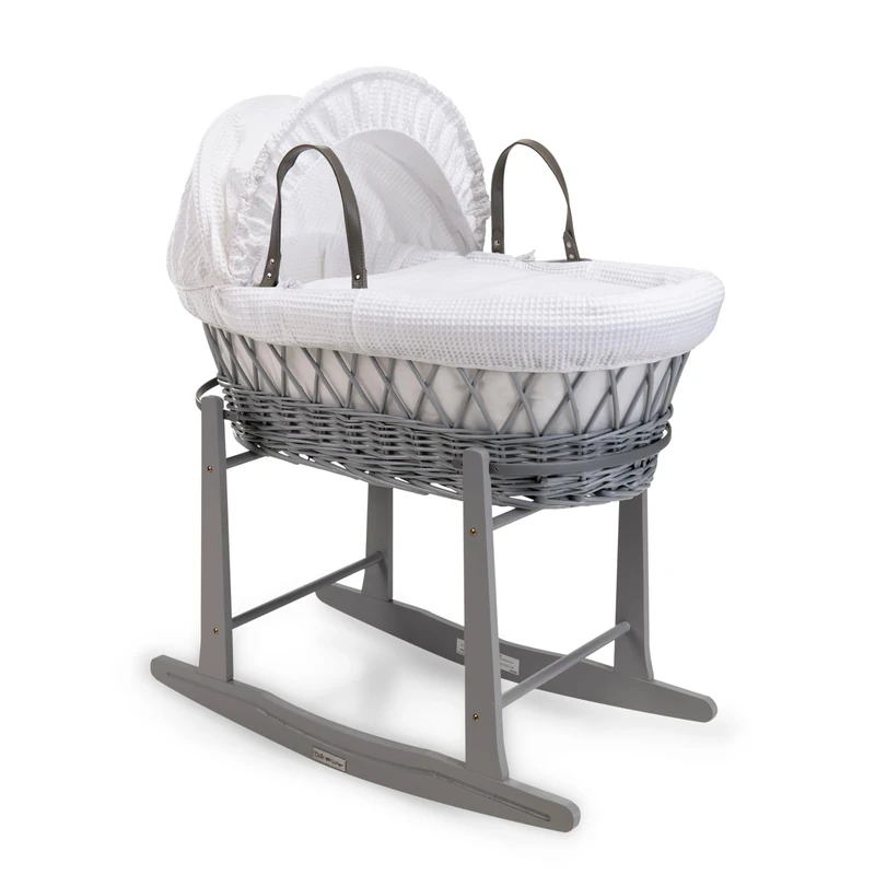 Clair de Lune Waffle Grey Wicker Moses Basket with Grey Standard Rocking Stand - 68 x 30 cm (White)