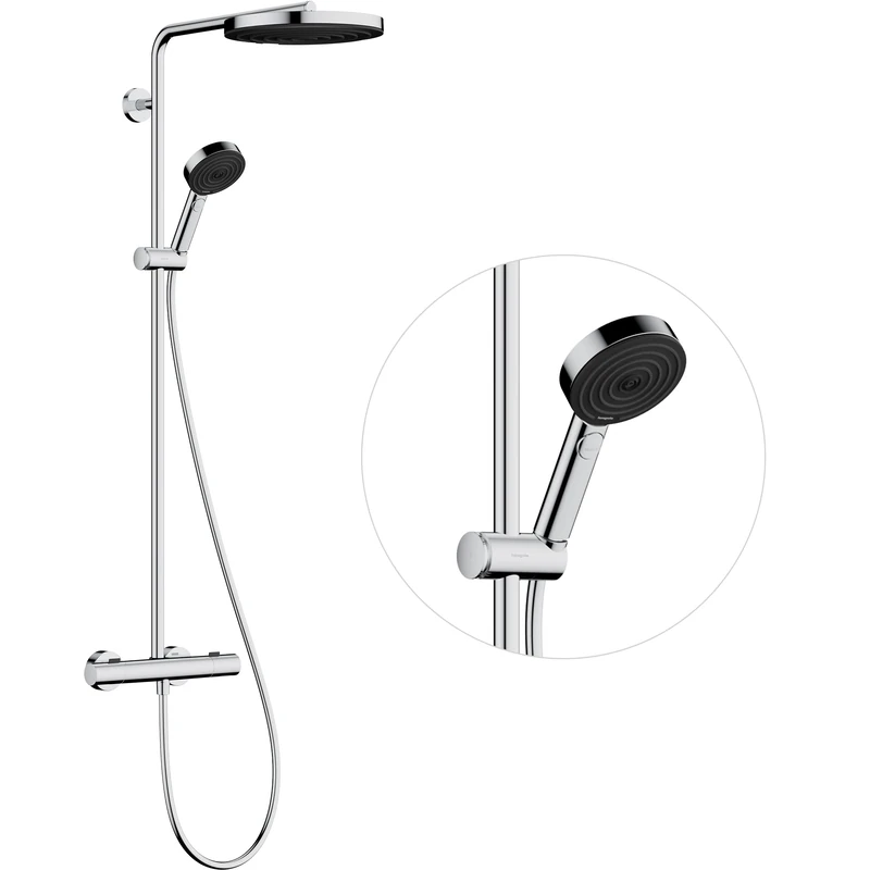 hansgrohe Pulsify S Puro - water-saving shower system (EcoSmart) with thermostat, rainfall shower head (260 mm), hand shower, shower hose, shower rail and head shower round, chrome, 24237000