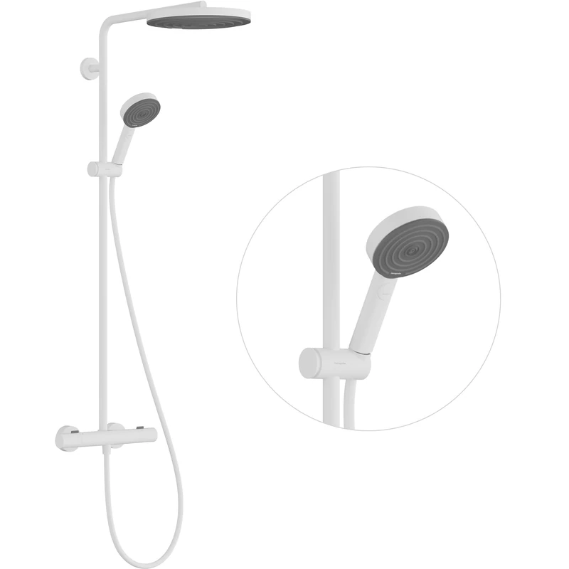 hansgrohe Pulsify S Puro - shower system with thermostat, rainfall shower head (260 mm), hand shower (3 sprays), shower hose, shower rail and head shower round (1 spray), matt white, 24236700
