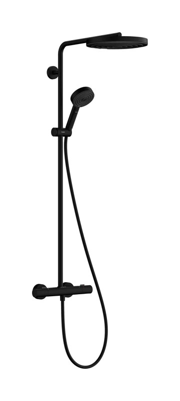 hansgrohe Pulsify S Puro - water-saving shower system (EcoSmart) with thermostat, rainfall shower head (260 mm), hand shower, shower hose, shower rail and head shower round, matt black, 24237670