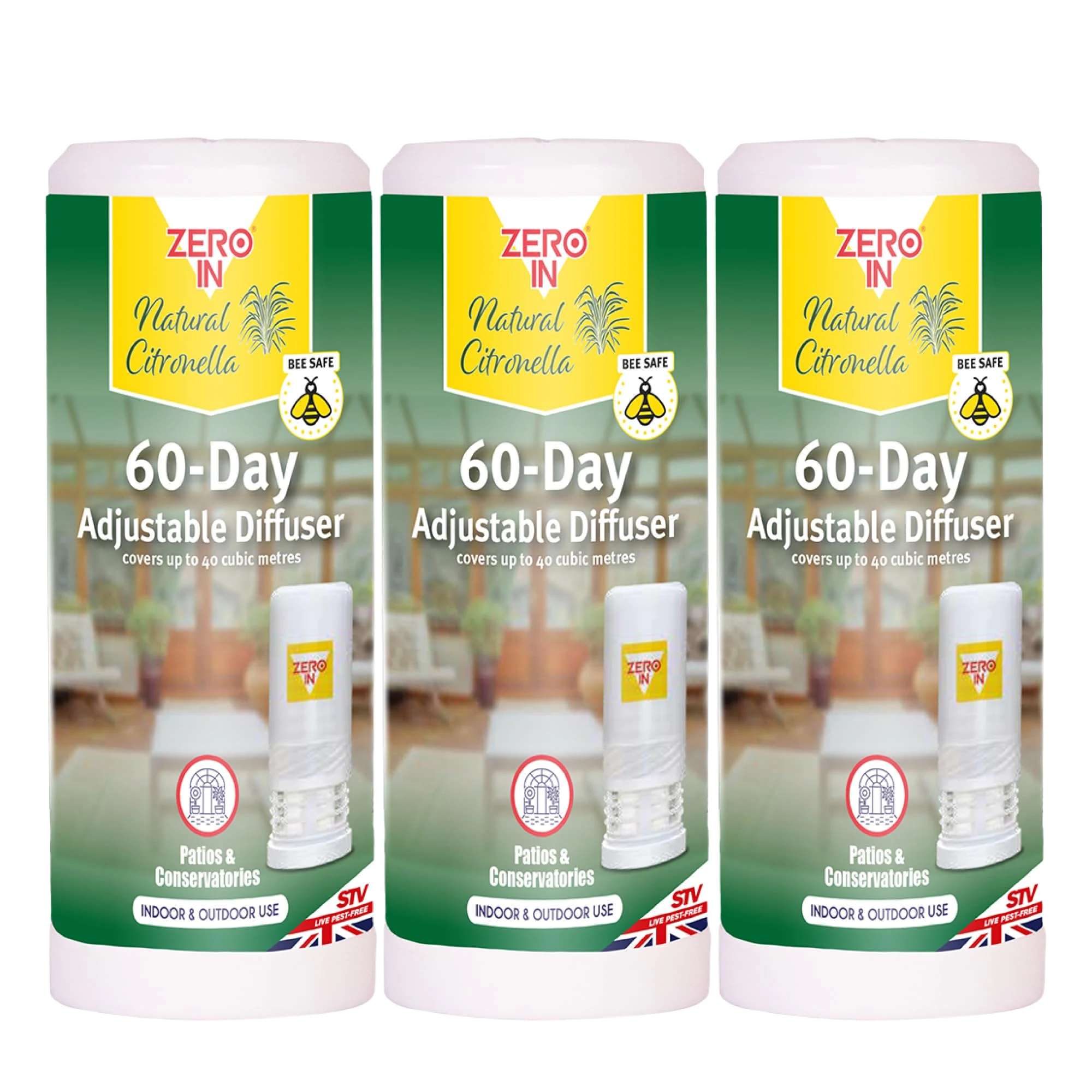 Zero In 60-Day Citronella Diffuser – Portable Bug Repellent for Indoor & Outdoor Use with Adjustable Intensity - Pet-Safe, Fast-Acting Protection for Home, Garden, Patios & Travel - Multi Packs X3