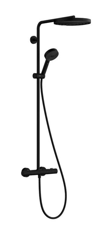 hansgrohe Pulsify S Puro - shower system with thermostat, rainfall shower head (260 mm), hand shower (3 sprays), shower hose, shower rail and head shower round (1 spray), matt black, 24236670