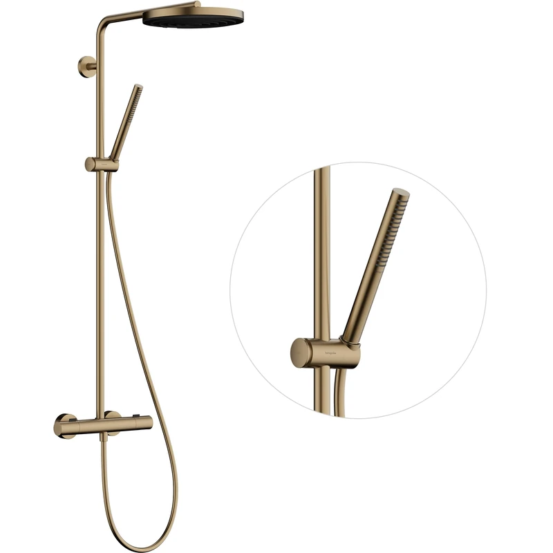 hansgrohe Pulsify S Puro - water-saving shower system (EcoSmart) with thermostat, rainfall shower head (260mm), hand shower, shower hose, shower rail and head shower round, brushed bronze, 24223140