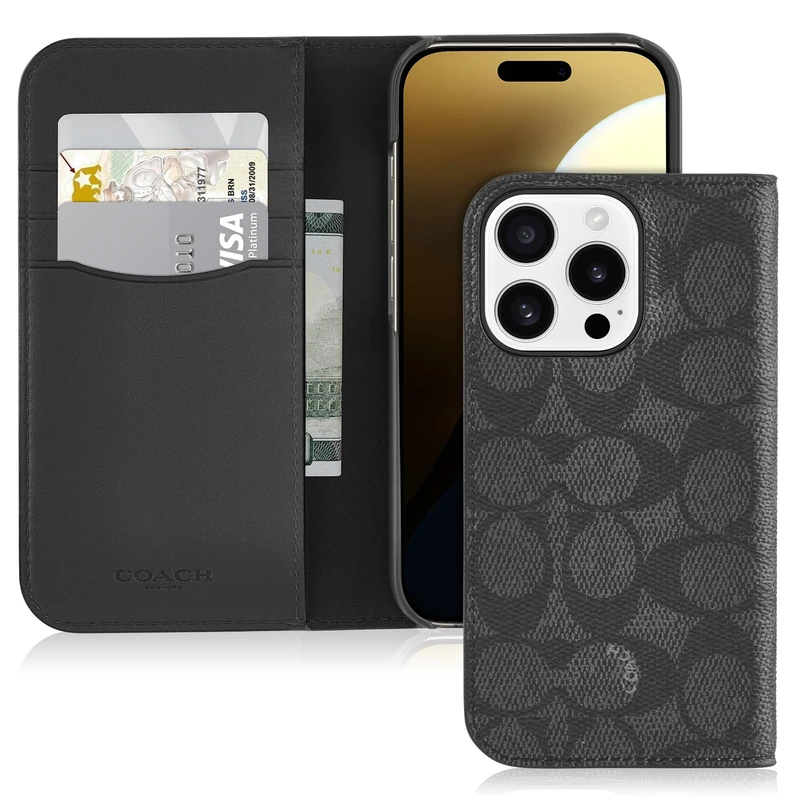 COACH Signature Canvas Wallet Folio iPhone 16 Pro Case - Designer Phone Case - Signature Charcoal