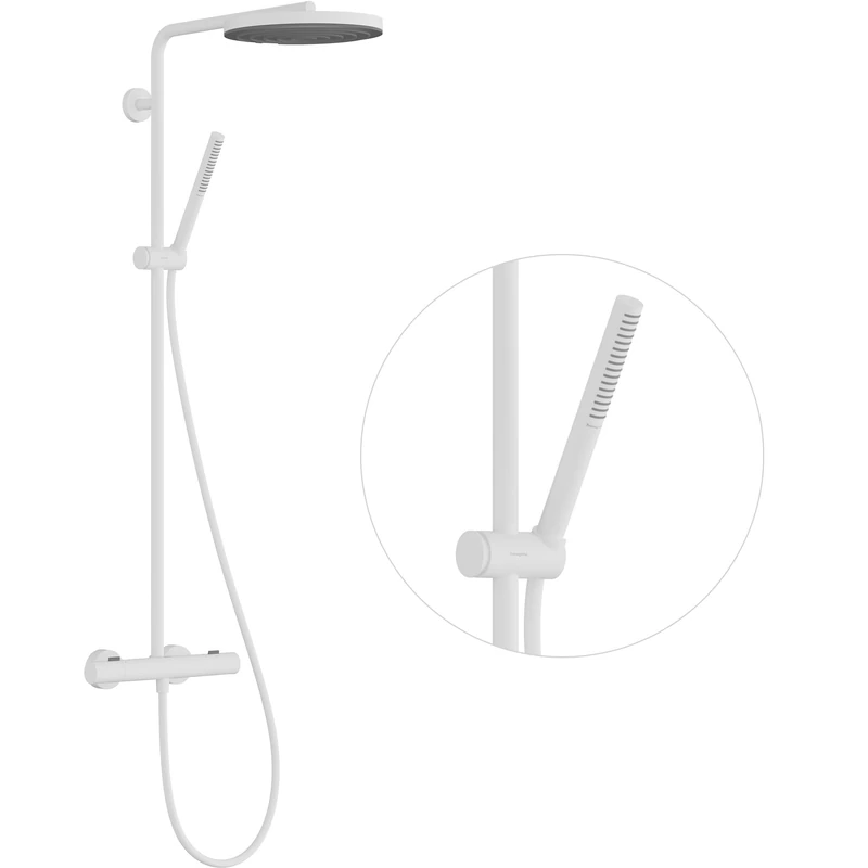 hansgrohe Pulsify S Puro - shower system with thermostat, rainfall shower head (260 mm), hand shower (1 spray), shower hose, shower rail and head shower round (1 spray), matt white, 24222700