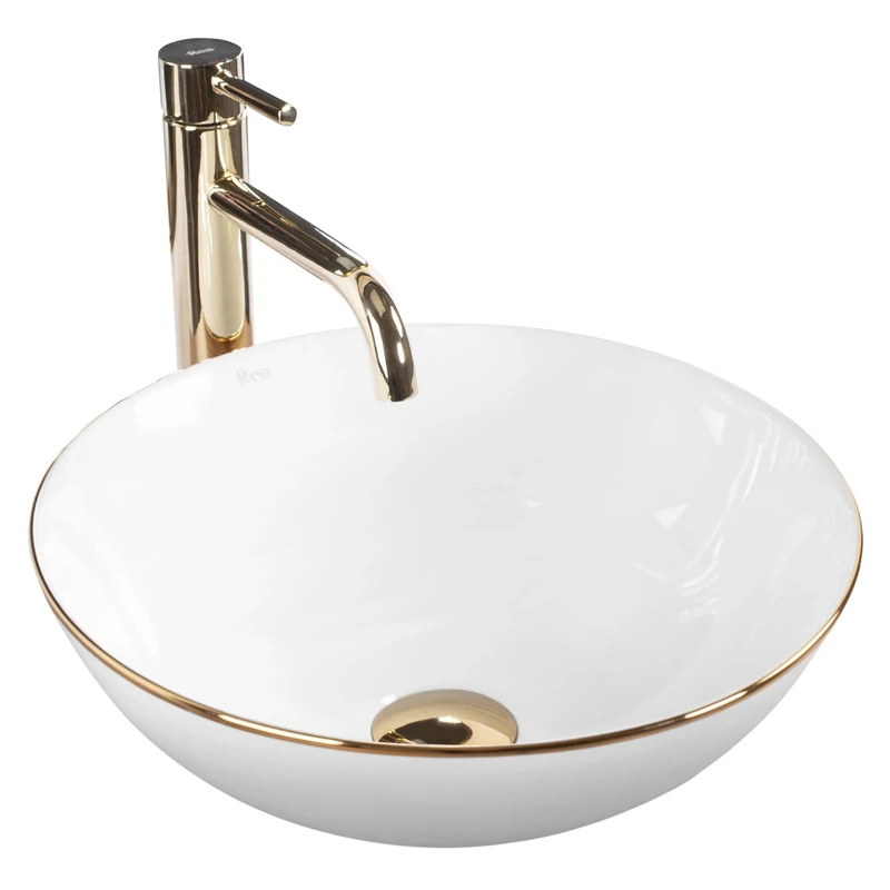 Rea REA-U7445 Bathroom Sink Made of Ceramic Stella Gold Edge-white-REA-U7445, White