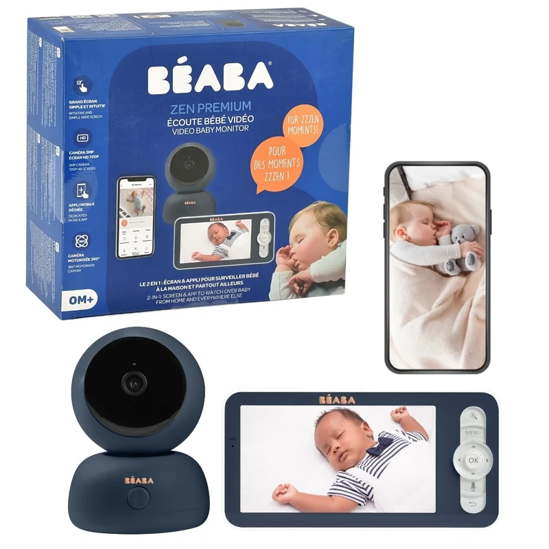 BÉABA, Baby Monitor, 2-in-1 Baby Video Monitor, Screen/Dedicated Mobile App, HD Camera, 360° Rotation, Night Vision, Walkie-Talkie, Lullabies, Temperature and Humidity Control, Zen Premium Blue