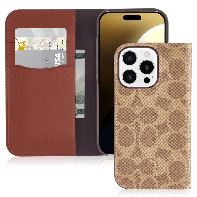 Coach Signature Canvas Two Piece Detachable Wallet Folio iPhone 16 Pro Case, Compatible with Wireless Charging - Signature Tan - Image 1