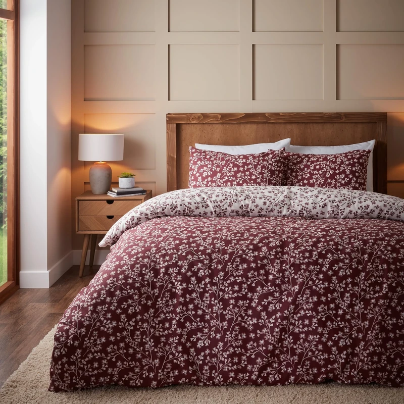 Catherine Lansfield Brushed Grace Floral Leaf Cotton Reversible King Duvet Cover Set with Pillowcases Red