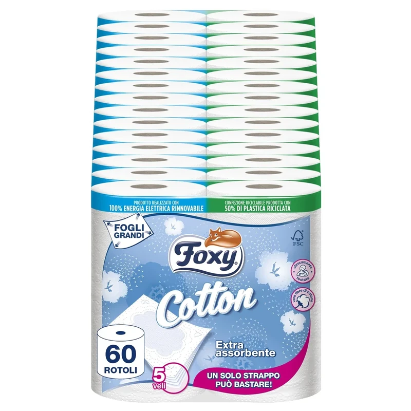 Foxy Cotton | 5 Ply Toilet Paper | 60 Rolls / 115 Tears per Roll - Extra Large Sheets with Real Cotton Fibres | FSC Certified - 100% Renewable Electricity - Recyclable Packaging