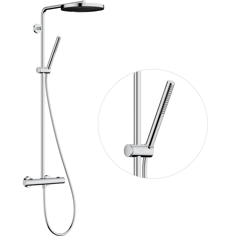 hansgrohe Pulsify S Puro - shower system with thermostat, rainfall shower head (260 mm), hand shower (1 spray), shower hose, shower rail and head shower round (1 spray), chrome, 24222000